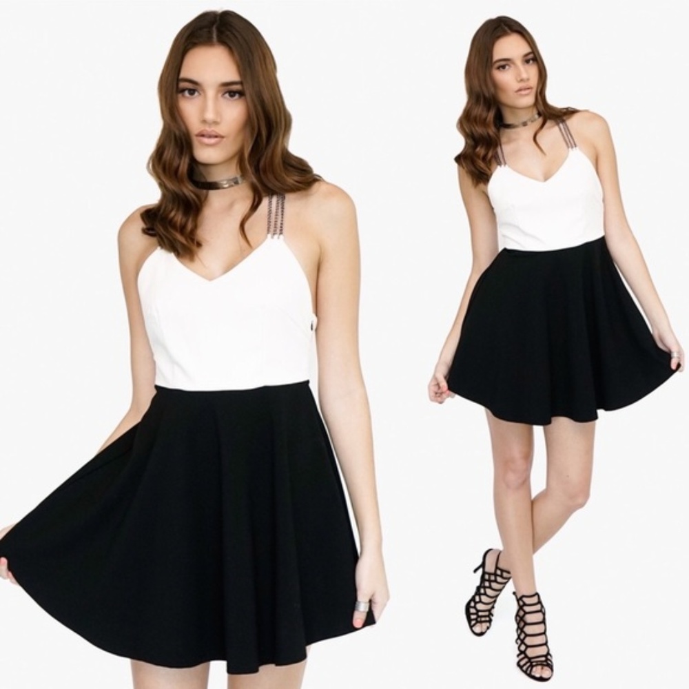 Two-Tone Chain Straps Flared Mini-Dress